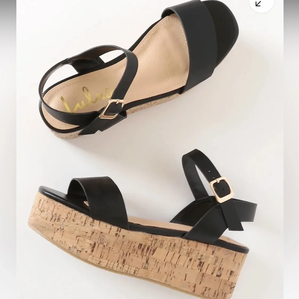 NIB Lulus Grecia Black Cork Wedge Sandals